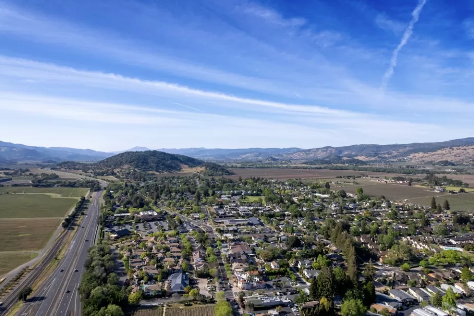 Aerial view of Yountville, California in Napa County